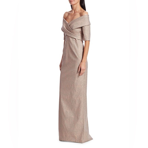 NWT Teri Jon Rickie Freeman Rose Gold Glitter Off Shoulder Column Gown Dress 8 - Picture 3 of 13